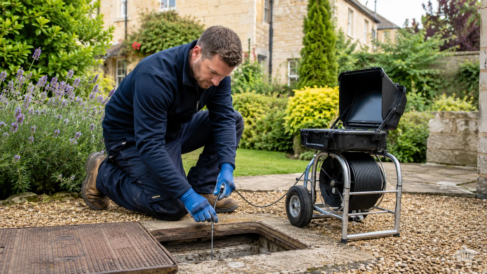 Bath drainage engineer writing up notes after completing a drain survey — expert advice from Bath Plumbers