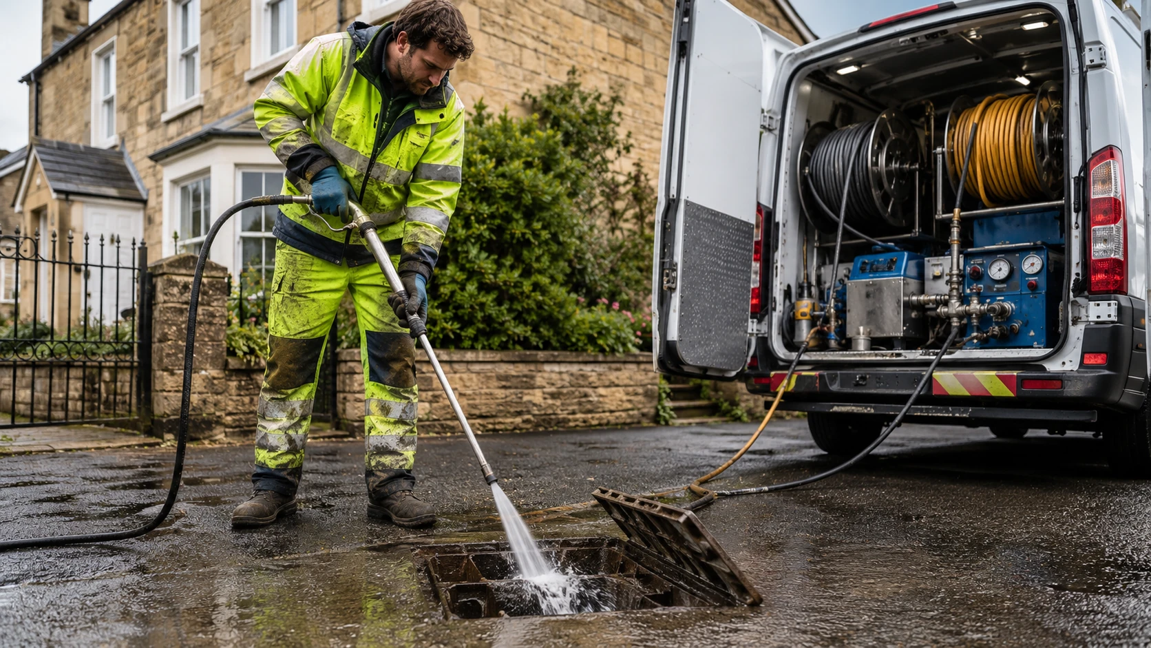 Professional Bath Plumbers drainage engineer with high-pressure jetting equipment at a residential property in Bath